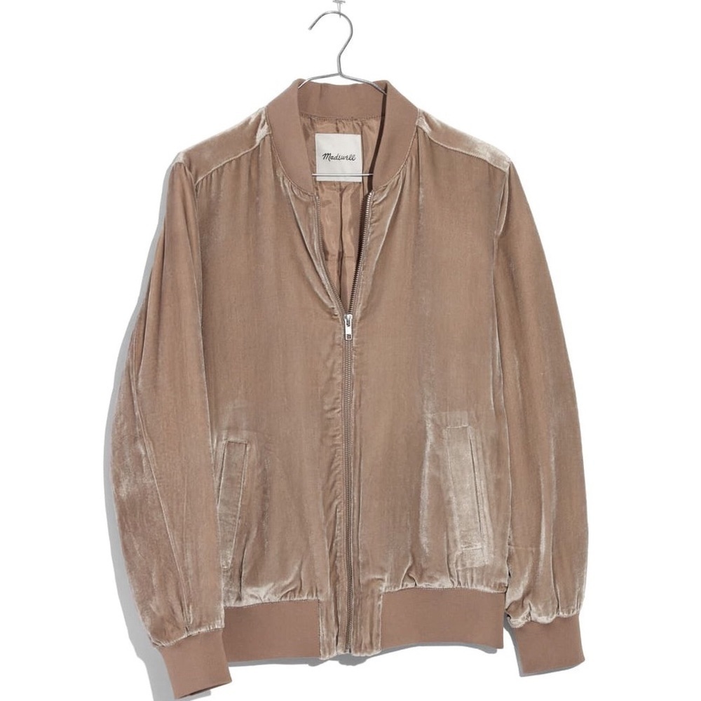 Madewell Velvet Bomber Jacket Ribbed Trim Tan XXS